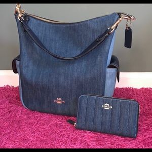Coach Pennie Denim Hobo Shoulder Bag and Wallet Set Quilted Blue